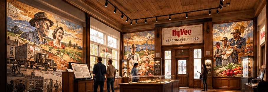 Alternate artistic visualization showing an intimate interpretive gallery with multiple mosaic scenes and historic displays inside a possible restored store