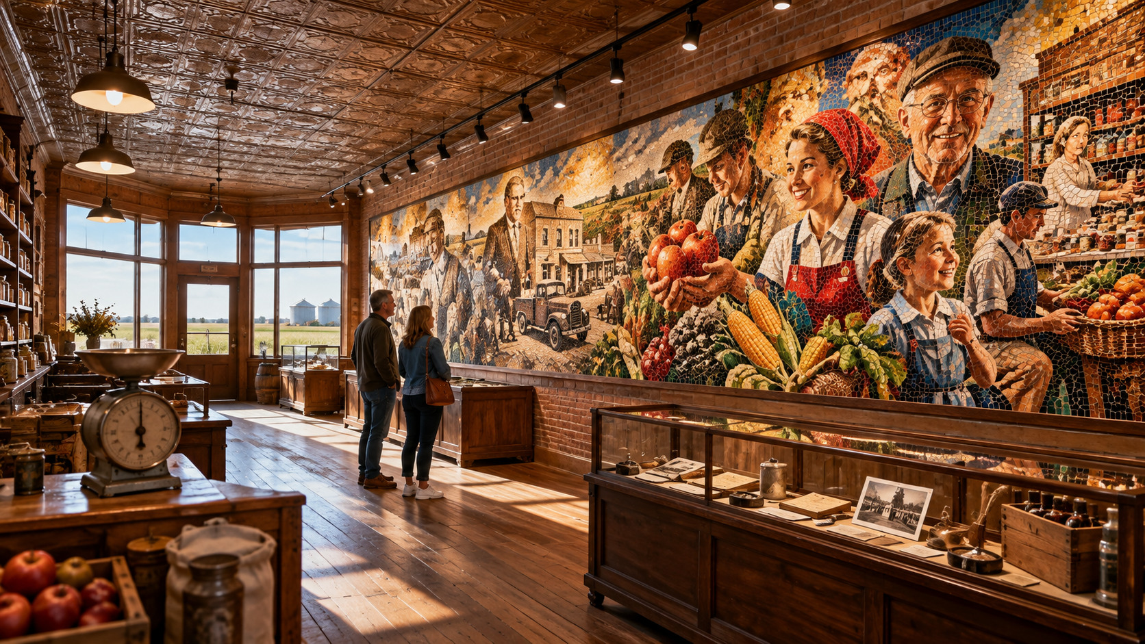 Artist's conceptual rendering of a richly detailed large-scale mosaic celebrating people, food and Hy-Vee heritage inside a hypothetical restored historic store