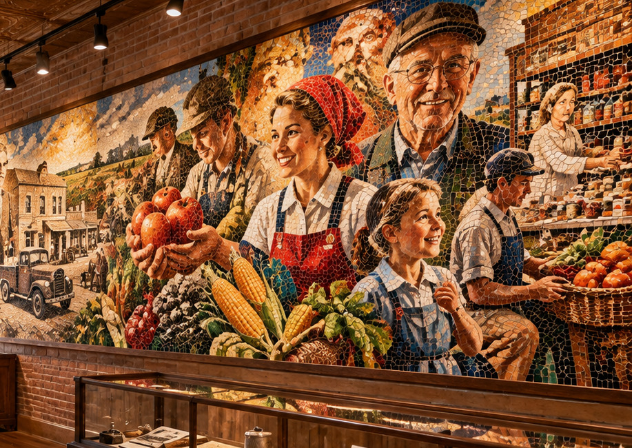 Close-up of an illustrative mosaic with farmers, employee owners and fresh produce