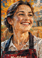 Illustrative mosaic portrait of a woman in an apron